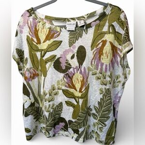 Rachel Zoe Green and Purple Floral Short Sleeve Top 100% Linen Large New